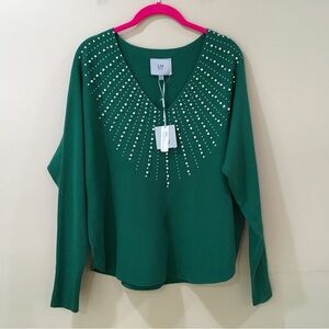 Liv Milano Green Pearl Embellished Pullover Sweater Size Medium Womens